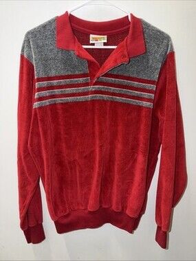 Vintage 70's Valiant Men Red Gray L VELOUR Stripe VELVET Polo DISCO Shirt